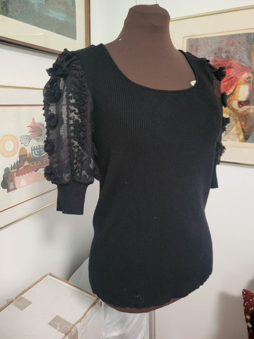 Cato Black Ribbed Knit T-shirt with Blouson Sleeves Size L - Picture 2 of 5
